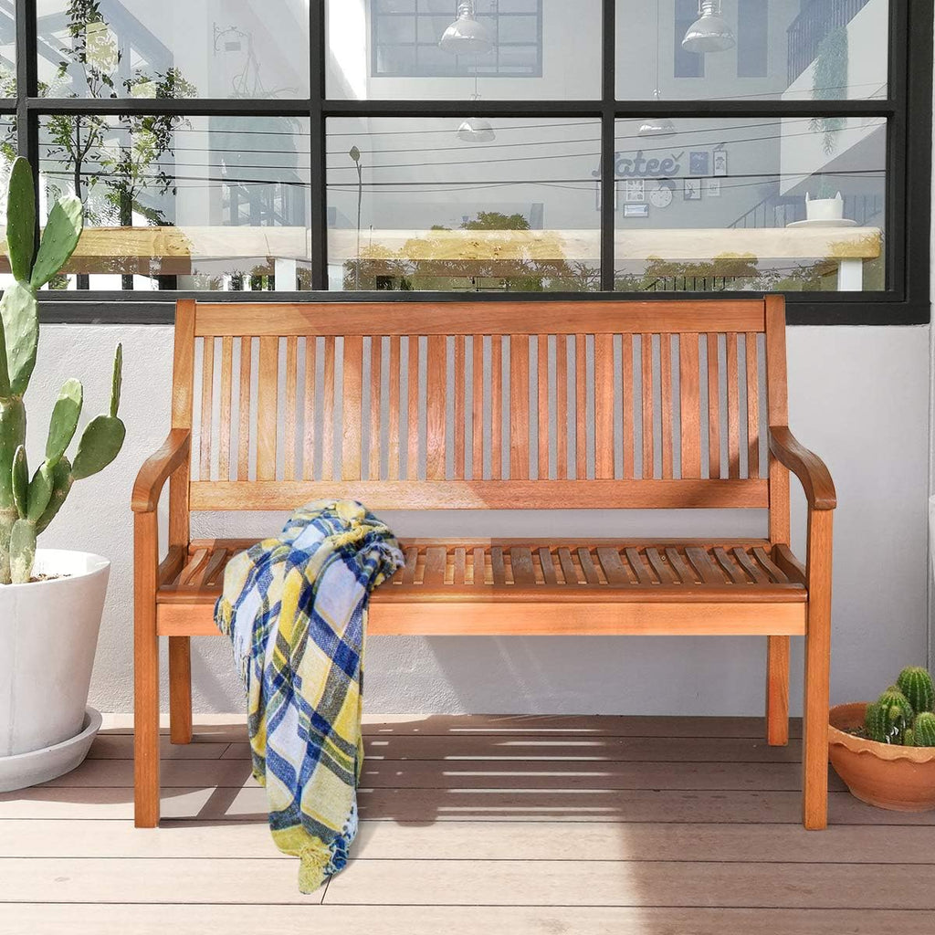 Teak‑Colored Wooden Outdoor Patio Bench