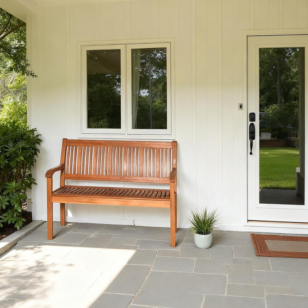 Teak‑Colored Wooden Outdoor Patio Bench