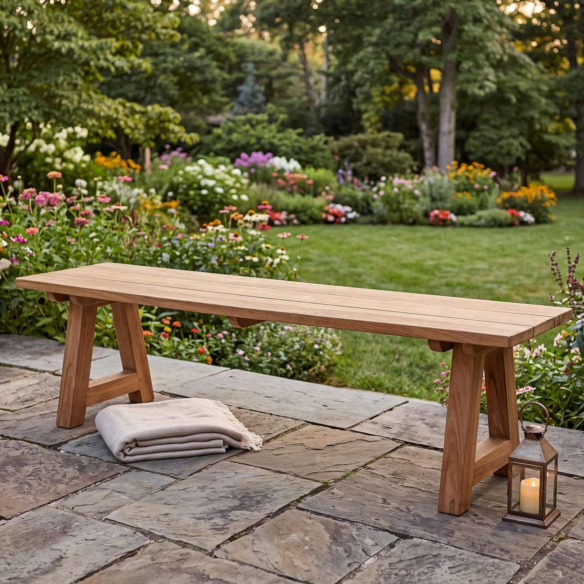 Rustic Teak Trestle Outdoor Patio Bench