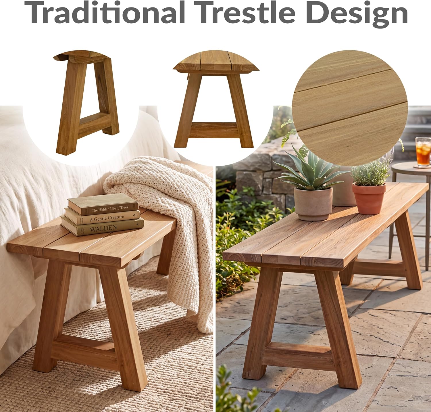 Rustic Teak Trestle Outdoor Patio Bench