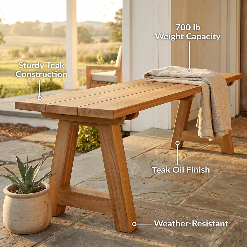 Rustic Teak Trestle Outdoor Patio Bench